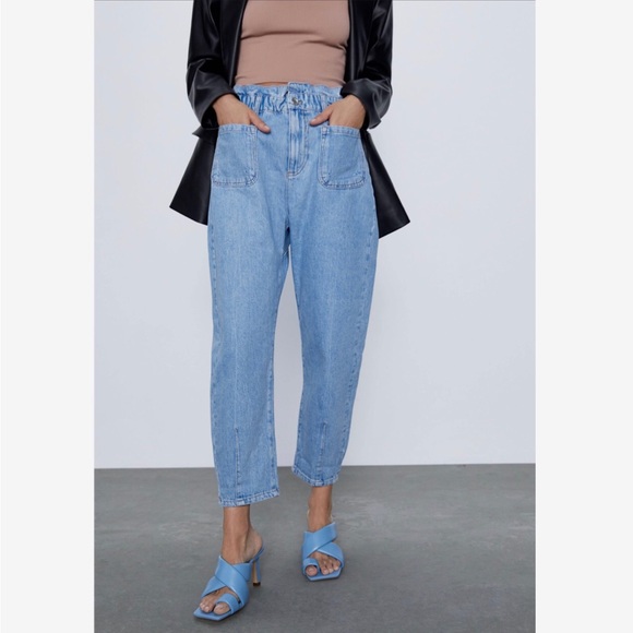 Zara Baggy Paperbag Waist Jeans In Blue Denim Size 4 - Picture 2 of 11